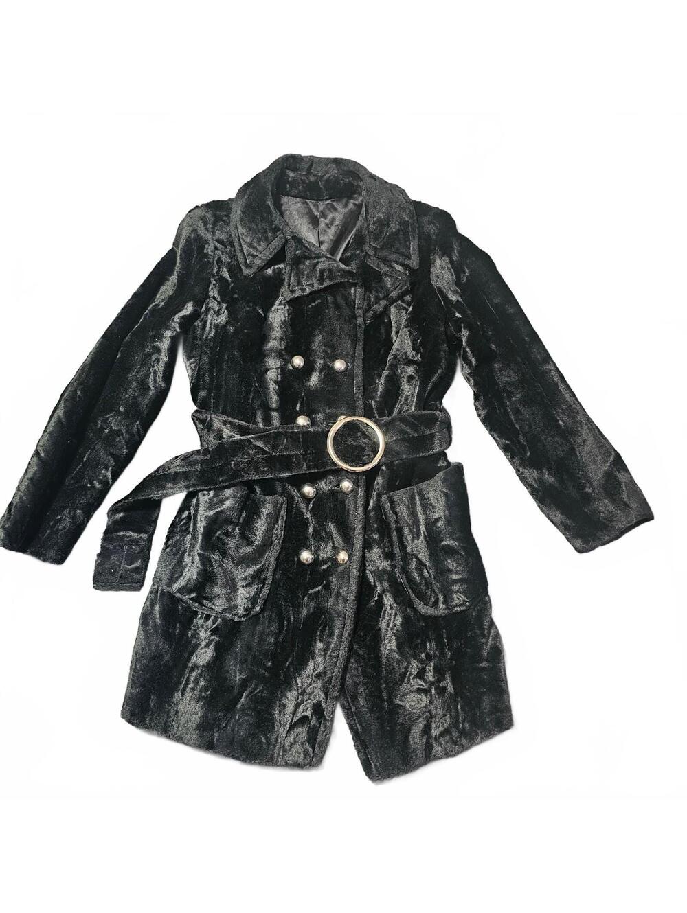 Vintage 1980s Glenbrooke Crushed Velvet Medium Black Belted Coat Excellent Cond
